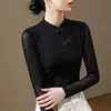 2026 Nuevo Modelo Nuevo Estilo Chino Botones Cuello Alto Base de Malla Camisa Interior, Estilo Tradicional Cuello Diagonal Ajustado Manga Larga Top Interior para Mujer