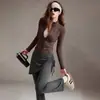 Conjunto de Pilates suave y cálido al tacto de la piel, top con cremallera moldeador, pantalón de falda acampanada de dos piezas falsas con cordón lateral, conjunto de dos piezas