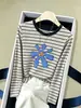 Camiseta de Manga Larga a Rayas Colorblock Hombro Normal 100% Algodón Moda Femenina Versátil Base Azul Marino Otoño