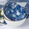 Juego de Vajilla Creativa de Cerámica Azul y Blanco Estilo Japonés Tazones y Palillos Juego de Tazón y Plato Bol de Regalo Propicio Bol de Cerámica para Uso Doméstico
