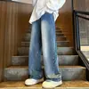 Jeans Azul Vintage High Street para Homens, Novo Estilo de Verão para Adolescentes, Design Casual Solto Americano de Perna Reta Calças Largas