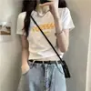 Camiseta de Manga Corta para Mujer, Blanca, Hombro Recto, Nuevo Diseño de Verano, Corte Ajustado, Tiro Alto, Top Corto