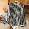 Nova Coleção Outono e Primavera Camisa de Renda Xadrez Preto e Branco para Mulheres, Cardigã Casual Elegante Solto de Manga Longa, Blusa que Rejuvenesce