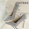 Zapatos de Mujer Estilo Europeo y Americano 9219-1, Tacones Altos, Boca Baja, Puntera Puntiaguda, Lentejuelas Brillantes, Aspecto Sexy Adelgazante, Tacones Altos para Discoteca, Planos