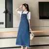 Foto Real 0019 Vestido Salopete Jeans Casual Soltinho Versátil Comprimento Médio Emagrecedor para Mulheres Algodão Azul Outro