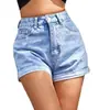 Shorts de mezclilla de verano nuevos, transfronterizos de Amazon, europeos y americanos, shorts de mezclilla versátiles de cintura alta, color liso, con dobladillo enrollado, para mujer