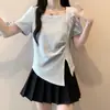 Blusa Juvenil Elegante de Verano 2026, Estilo Nuevo, Cuello Cuadrado, Adelgazante, Dobladillo Irregular, Manga Corta