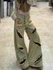 Jeans Feminino Tamanho Grande Estilo Americano Spice Girl Estampa de Leopardo Costura Design Jeans Retro Desgastado Calça de Perna Larga Solta
