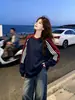 Sudadera con capucha de retazos de color liso y a rayas, cuello redondo, personalidad simple y de nicho, para mujer, otoño e invierno, nueva, holgada, versátil, estilo casual, top