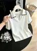 Camiseta de Manga Corta con Solapa y Hombro Recto para Mujer 2026 Verano Estilo Francés de Alta Gama Ligeramente Maduro Top Polo de Punto de Seda de Hielo