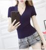 Camiseta de Manga Corta Ajustada de Punto Cruzado con Cuello Redondo Sexy Estilo Coreano para Mujer, Talla Única, Versátil, Escote en V