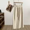 2025 Falda Casual de Punto con Cordón Ajustado a la Cintura para Mujer Otoño e Invierno Estilo Coreano Cintura Alta Slim Media Longitud Recta