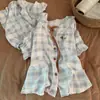Pijama de Perro Dálmata a Cuadros Azules con Lazo en el Cuello para Mujer, Verano, Manga Corta, Pantalones Cortos, Conjunto de Dos Piezas, Ropa de Casa para Niña