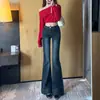Jeans Azules Oscuros de Cintura Alta Ligeramente Acampanados para Mujer, Nuevo Estilo Otoño e Invierno 2025, Corte Delgado, Pantalones Bootcut Favorecedores