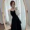 Vestido Negro Pequeño Estilo Hepburn para Mujer 2026 Primavera y Otoño Nuevo Vintage Cuello en V Largo Por Encima de la Rodilla Negro Elegante Vestido Falda Larga
