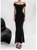 Vestido largo de sirena que realza la figura, ceñido a la cintura, escote Bardot puro y seductor, vestido bodycon sexy de manga corta