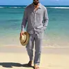 Conjunto de Camisa de Lino de Manga Larga con Cuello para Hombre, Estilo Americano, para Primavera y Otoño, Holgado, Casual de Playa y Uso Diario, con Pantalones Rectos