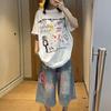 Shorts Jeans American Graffiti Feminino Verão Tendência Marca Retro Desgastado Solto Perna Larga Desgastado Casual Cropped Tendência