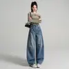 Jeans de caimento relaxado estilo americano com barra curva para mulheres, novidade outono 2026, cintura alta, soltos, casuais, perna larga, comprimento até o chão.
