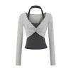 Camiseta de Manga Larga con Cuello Halter Falso de Dos Piezas Estilo Dulce para Niña Otoño Nuevo Ajustada Corta Sexy Camiseta Interior