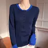 26 Nuevo Estilo de Principios de Primavera Lana de Hilo Fino Bloques de Color Cuello Redondo Botones Tejido de Punto para Mujer Corte Ajustado Versátil Mezcla Manga Larga Suéter Básico