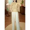 Blusa Jacquard de Verão Nova Estilo Gola Alta Botões Manga Curta Fina Estilo Chinês Novo