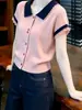 Top de Malha com Renda em Cor Contrastante Estilo Suave para Mulheres, Novo Casual Versátil Lindo de Manga Curta Verão 2026