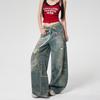 Jeans de Pierna Ancha Estampados de Alta Costura para Mujer, Pantalones Rectos Lavado Vintage con Decoración de Cadena para Mujer, Al por Mayor en Stock
