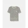 Seco y Refrescante Secuencia de Tejido Alma Marina Algodón Rayón Textura de Bambú Estilo Francés Cuello Redondo Rayas Manga Corta Camiseta de Punto para Mujer Verano