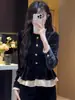 Estilo Novo Primavera 2026 Feminino Estilo Retro Francês Gola Redonda Manga Longa Blusa Feminina Veludo Preto Dourado
