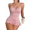 Nuevo conjunto de pijama sexy de encaje para mujer de Amazon, camisola y pantalón corto para casa, dos piezas, en stock para venta al por mayor de comercio exterior