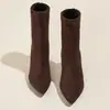 Botines de tacón alto de punta estilo coreano para mujer, botas de invierno marrones elásticas ajustadas, botas de moda para ir al trabajo, gamuza, elegantes