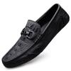 Mocasines de Cuero de Primera Capa con Patrón de Cocodrilo, Zapatos Perezosos sin Cordones, Zapatos Casuales de Estilo Británico para Conducir, Zapatos de Cuero Versátiles