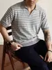 Camiseta de Punto Color Block a Rayas Retro para Hombre, Nuevo Estilo de Verano con Cuello de Gaviota, Camiseta Básica Versátil Casual de Manga Corta Calibre 14