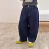 Jeans de Navaja Torcida para Niñas Estilo Coreano Color Original Ecológicos Resistentes a la Decoloración Pierna Ancha Pantalones Casuales Costuras de Contraste Sueltos tipo Zanahoria Pantalones Largos