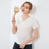 Primavera e Verão Nova Seda V-neck manga curta Camiseta Feminina Cor Sólida All-match Mulberry Seda Malha Folded Collar Base Shirt Loose Top