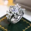 Anillo Retro Europeo de Tres Piezas con Rama Floral Blanca y Hojas, Diamante Blanco, Apilable Multicapa, Corona de Boca Cerrada, Joyería