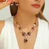 Set de Collar y Pendientes Retro de Lujo Ligero Europeo y Americano para Mujer, Chapado en Oro con Colgante de Hoja de Cristal Incrustado con Diamantes, Joyería de Moda para Novia