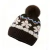 Gorro de Punto Jacquard Retro Cálido para Mujer Otoño Invierno con Pompón Gorro de Orejera para Ciclismo al Aire Libre Gorro Adelgazante