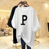 Camiseta Estampada con Letra P Grande para Mujer Manga Corta Larga Sencilla Cuello Redondo 2023 Verano Nuevo Holgada Talla Grande Top Europeo