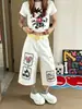 Chao Li Youhuo Pantalones de Trabajo Blancos Bordados de Mezclilla Cortos para Mujer, Verano Delgados de Cintura Alta Sueltos Rectos de Pierna Ancha de Longitud Media