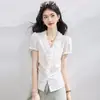 Ropa de Moda para Mujer de Comercio Exterior en Stock: Elegante Blusa de Rayas con Mangas Abullonadas, Nuevo Estilo Coreano de Verano con Cuello de Encaje y Mangas Cortas que Ceñen la Cintura