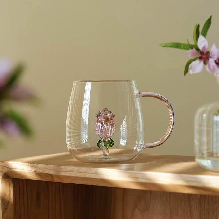 ins立体造型玻璃杯,透明单层玻璃杯,玫瑰花果汁杯,家用带把饮品杯