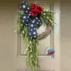 Nuevo producto transfronterizo de Amazon: Corona del Día de la Independencia de Estados Unidos con hortensias, rosas, guirnalda roja, blanca y azul, adorno colgante decorativo