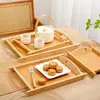 Bandeja rectangular de madera de bambú para servir comida, salsas para mojar, pepinillos, pepinillos ahumados, alimentos estofados, aperitivos, posavasos de papel, bandeja de té, bandeja con dos asas