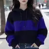 Outono e Inverno Novo Estilo Coreano Estilo Preguiçoso Solto Moda Versátil Aconchegante Combinação de Cores Com Capuz Suéter de Tricô Blusa Feminina