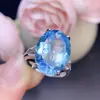 Novo Anel Aberto Oval Simples Elegante com Topázio Suíço Azul para Mulheres Anel Vivo Pedra Principal 13X18Mm