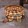 Pulseira Elástica Europeia e Americana Pingente de Elefantinho Borla Pulseira Estilo Boêmio Retrô Multicamadas Contas de Madeira Pulseira de Miçangas para Mulheres