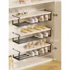 Armário de Sapatos Prateleira em Camadas Suporte de Sapatos Doméstico Sem Furos Economizador de Espaço Prateleira de Armazenamento Suspensa Rack de Sapatos Retrátil Preto Branco