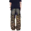 Jeans Americanos Lavados Desgastados para Hombre, Jeans de Trabajo Sueltos Camuflaje Desgastados Retro de Dos Piezas Falsas para Hombres y Mujeres